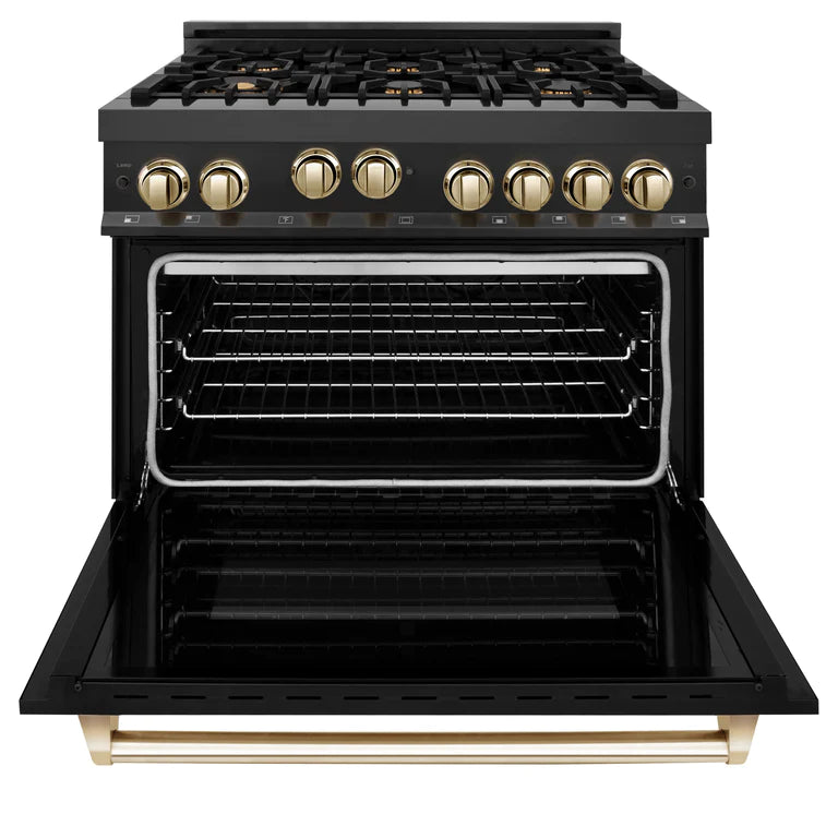 ZLINE Autograph 36 in. Gas Burner/Gas Oven Range in Black Stainless Steel with Gold Accents, RGBZ-36-G