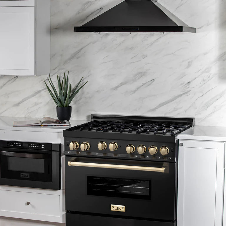 ZLINE Autograph 36 in. Gas Burner/Gas Oven Range in Black Stainless Steel with Gold Accents, RGBZ-36-G