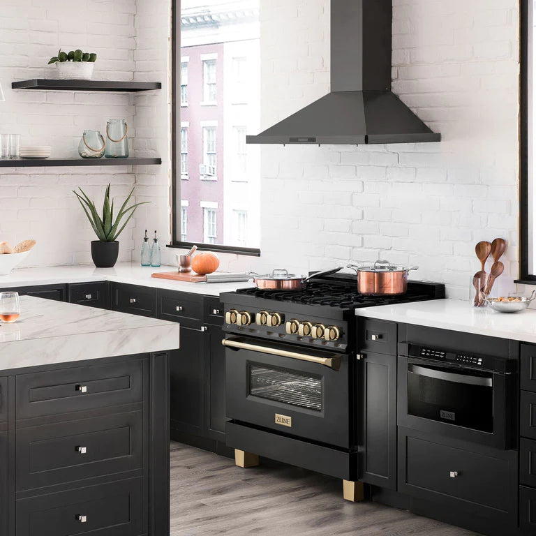 ZLINE Autograph 36 in. Gas Burner/Gas Oven Range in Black Stainless Steel with Gold Accents, RGBZ-36-G