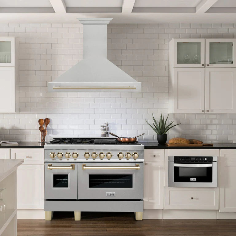 ZLINE Autograph 48 Inch DuraSnow Stainless Steel Range Hood with DuraSnow Shell and Gold Handle, 8654SNZ-48-G