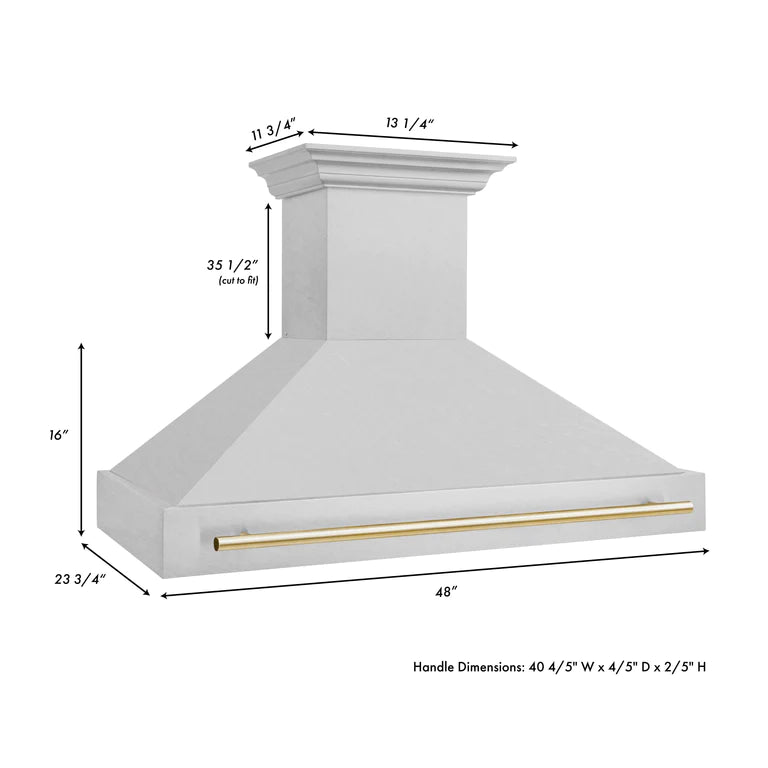 ZLINE Autograph 48 Inch DuraSnow Stainless Steel Range Hood with DuraSnow Shell and Gold Handle, 8654SNZ-48-G