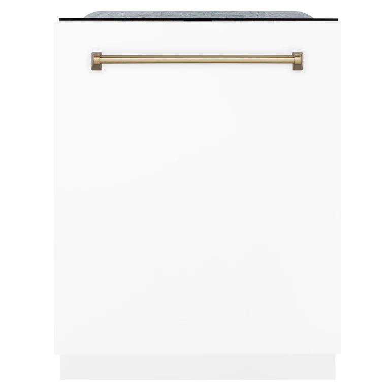 ZLINE Autograph Edition 24 inch Tall Dishwasher, Touch Control, in White Matte with Champagne Bronze Handle, DWMTZ-WM-24-CB