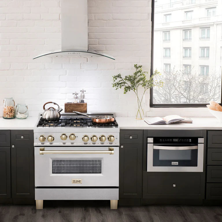 ZLINE Autograph Edition 36 in. Gas Burner/Gas Oven Range in DuraSnow with Gold Accents, RGSZ-SN-36-G