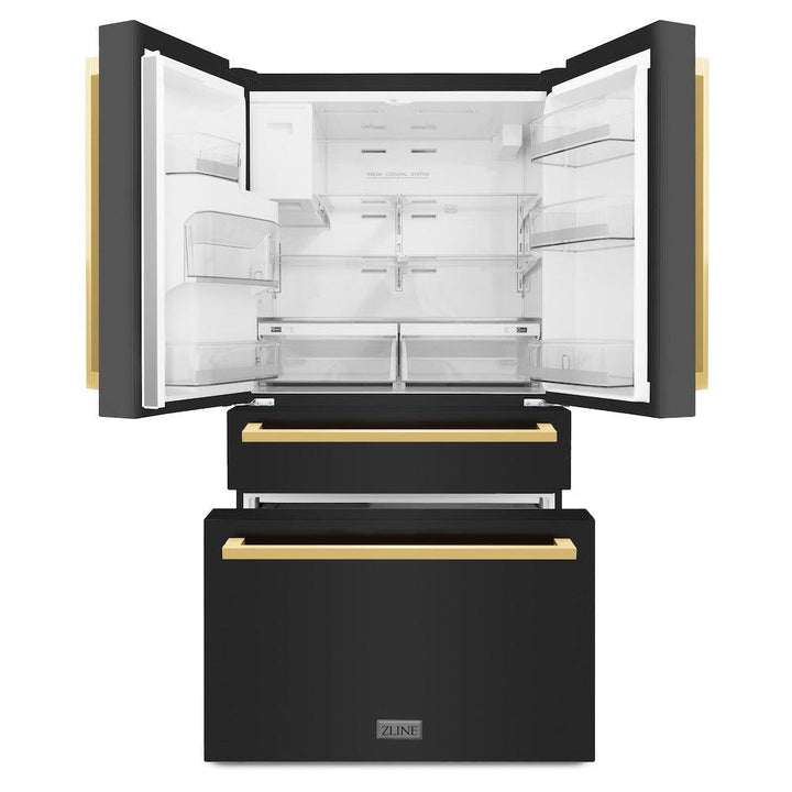 ZLINE Autograph Edition 36-Inch 21.6 cu. ft 4-Door French Door Refrigerator with Water and Ice Dispenser in Black Stainless Steel with Polished Gold Square Handles RFMZ-W-36-BS-FG