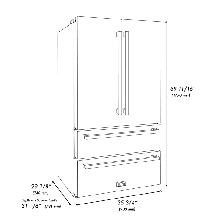 ZLINE Autograph Edition 36-Inch 22.5 cu. ft 4-Door French Door Refrigerator with Ice Maker in Stainless Steel with Polished Gold Square Handles RFMZ-36-FG