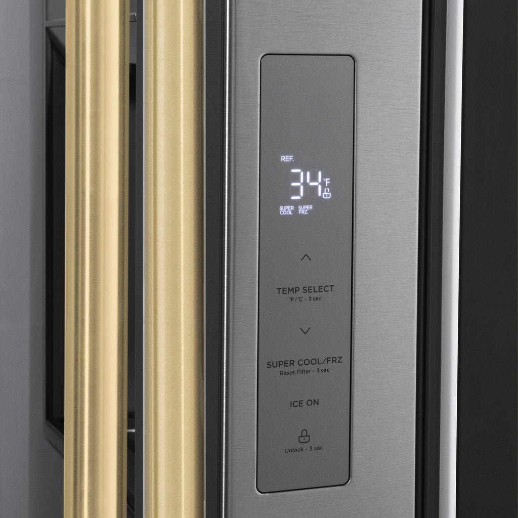 ZLINE Autograph Edition 36 -Inch 28.9 cu. ft. Standard-Depth French Door External Water Dispenser Refrigerator with Dual Ice Maker in Fingerprint Resistant Stainless Steel and Champagne Bronze Handles RSMZ-W-36-CB