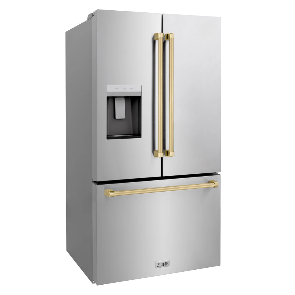 ZLINE Autograph Edition 36 -Inch 28.9 cu. ft. Standard-Depth French Door External Water Dispenser Refrigerator with Dual Ice Maker in Fingerprint Resistant Stainless Steel and Champagne Bronze Handles RSMZ-W-36-CB
