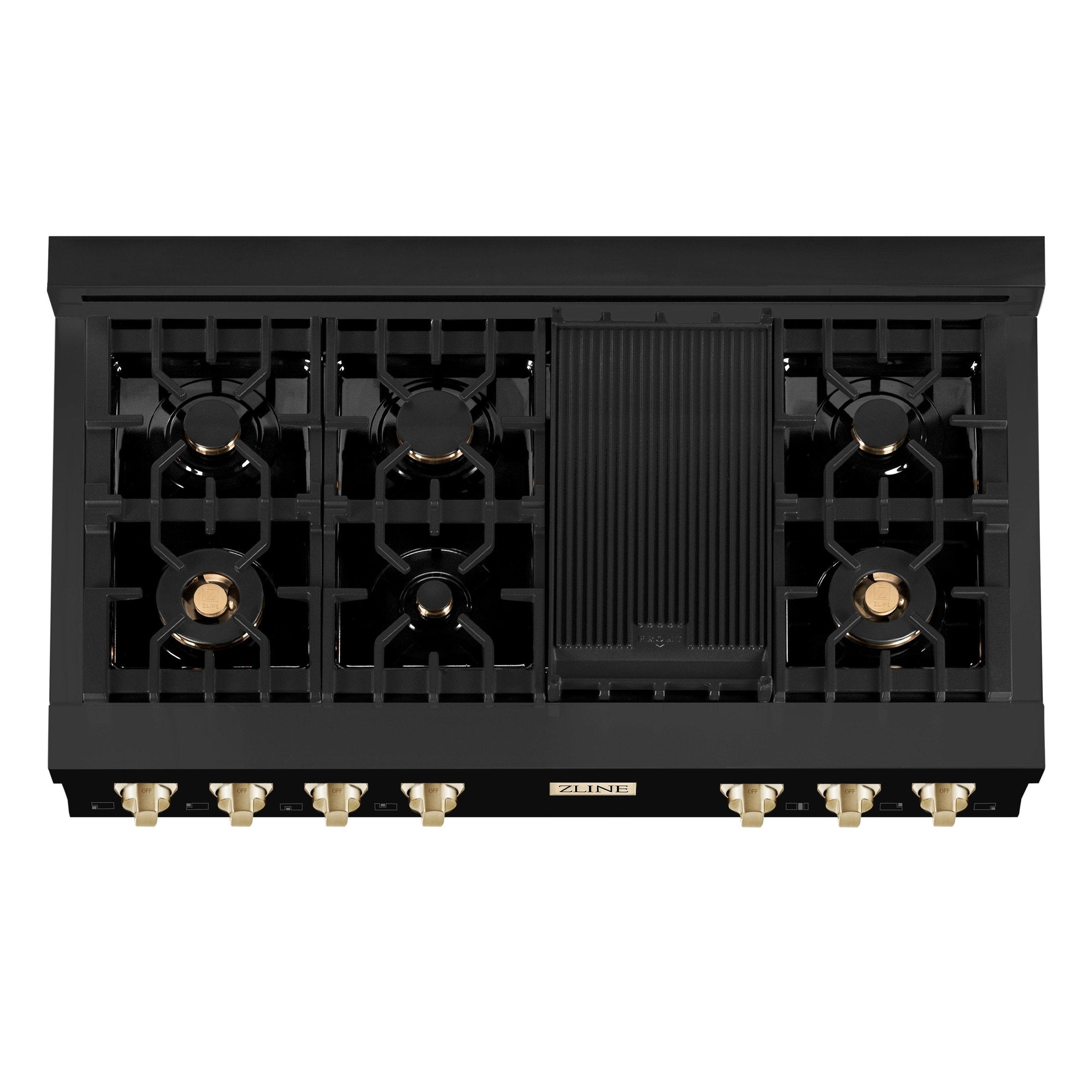 ZLINE Autograph Edition 48" Porcelain Rangetop with 7 Gas Burners in Black Stainless Steel With Accents