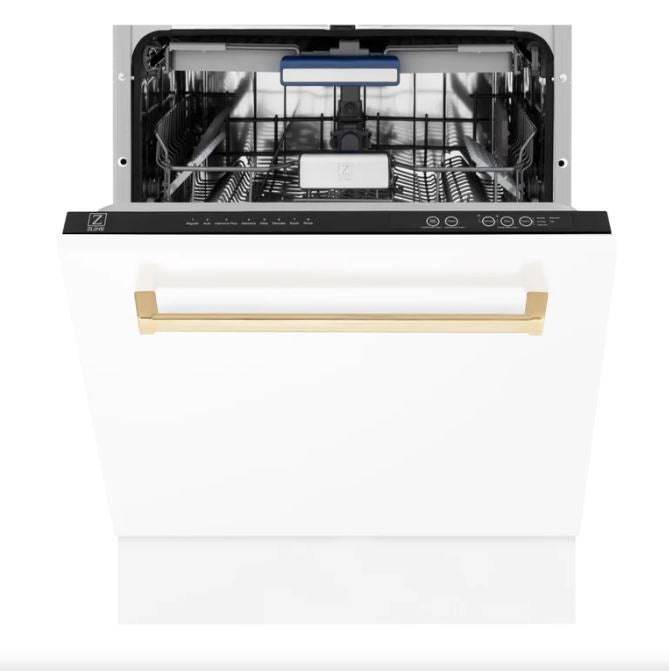 ZLINE Autograph Series 24 inch Tall Dishwasher in White Matte with Gold Handle, DWVZ-WM-24-G