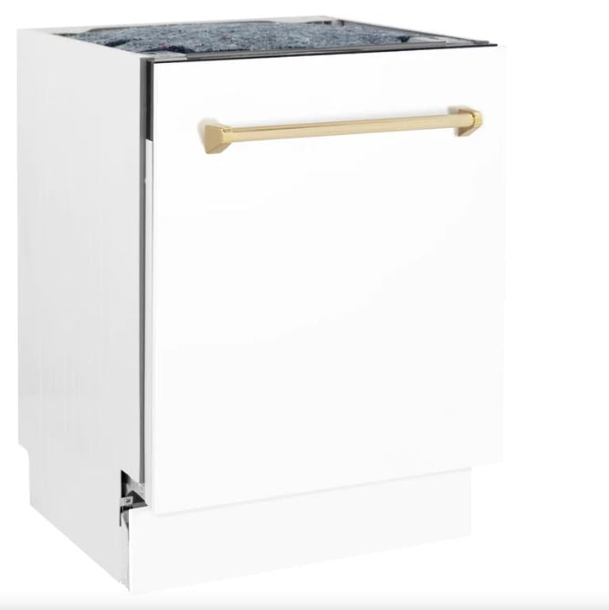 ZLINE Autograph Series 24 inch Tall Dishwasher in White Matte with Gold Handle, DWVZ-WM-24-G