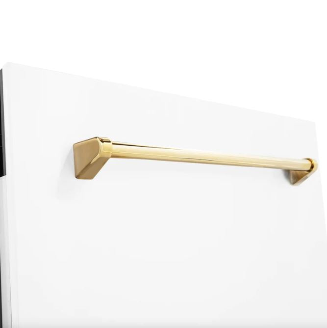 ZLINE Autograph Series 24 inch Tall Dishwasher in White Matte with Gold Handle, DWVZ-WM-24-G