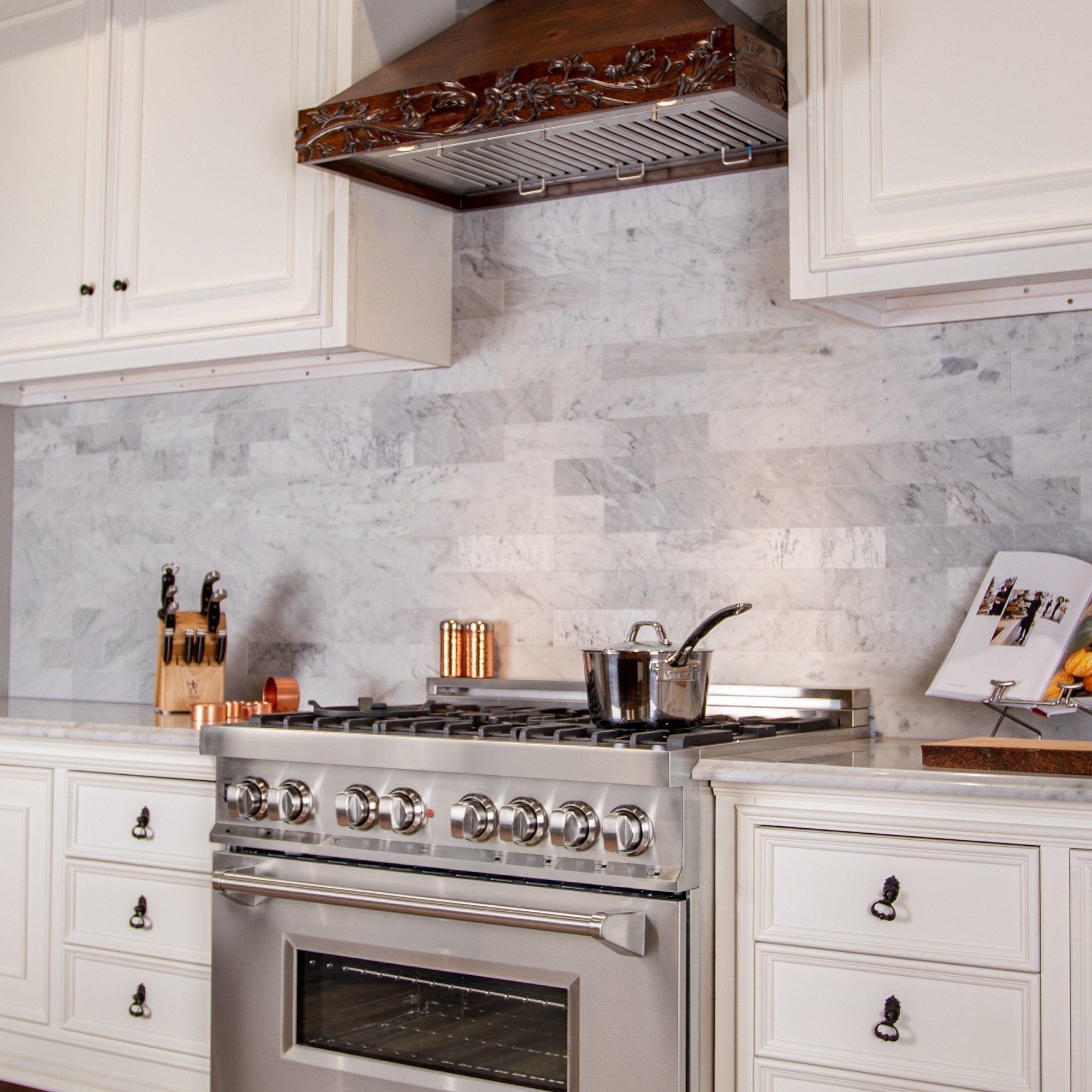 ZLINE Carved Wooden Wall Mount Range Hood in Walnut - Includes Motor - KBRRC