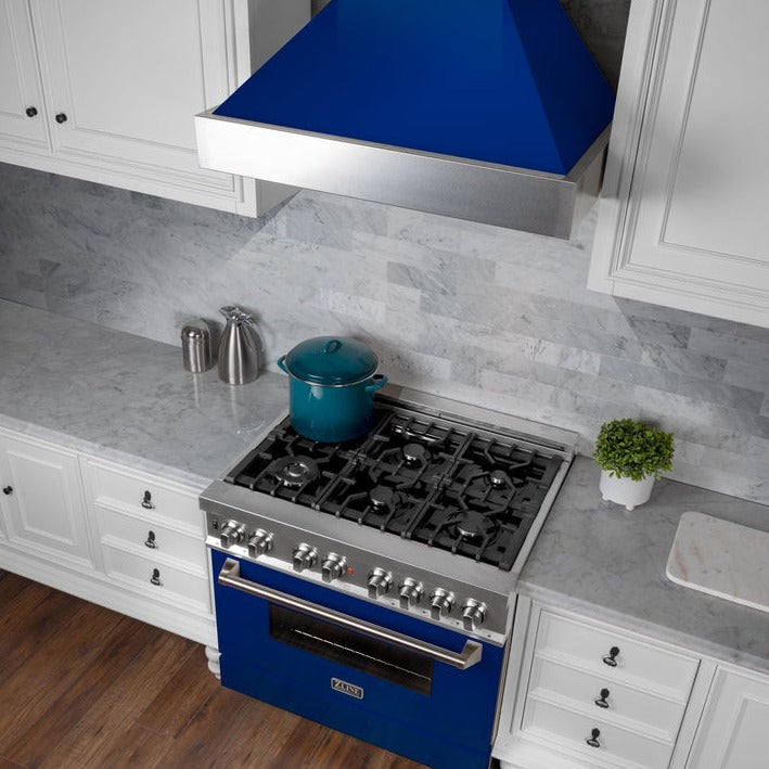 zline-36-kitchen-package-with-zline-durasnow-stainless-steel-gas-range-with-blue-gloss-door-and-convertible-vent-range-hood-2kp-rgsbgrh36