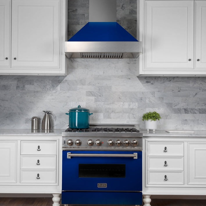 zline-36-kitchen-package-with-zline-durasnow-stainless-steel-gas-range-with-blue-gloss-door-and-convertible-vent-range-hood-2kp-rgsbgrh36