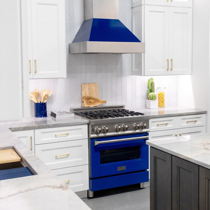 zline-36-kitchen-package-with-zline-durasnow-stainless-steel-gas-range-with-blue-gloss-door-and-convertible-vent-range-hood-2kp-rgsbgrh36