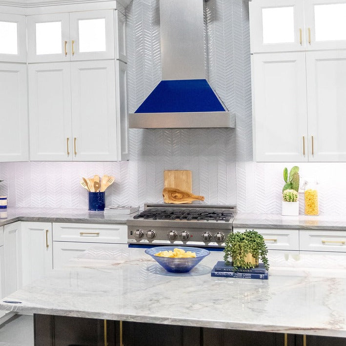 zline-36-kitchen-package-with-zline-durasnow-stainless-steel-gas-range-with-blue-gloss-door-and-convertible-vent-range-hood-2kp-rgsbgrh36