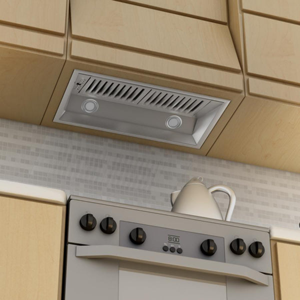 ZLINE Outdoor Range Hood Insert in Stainless Steel placed above the oven