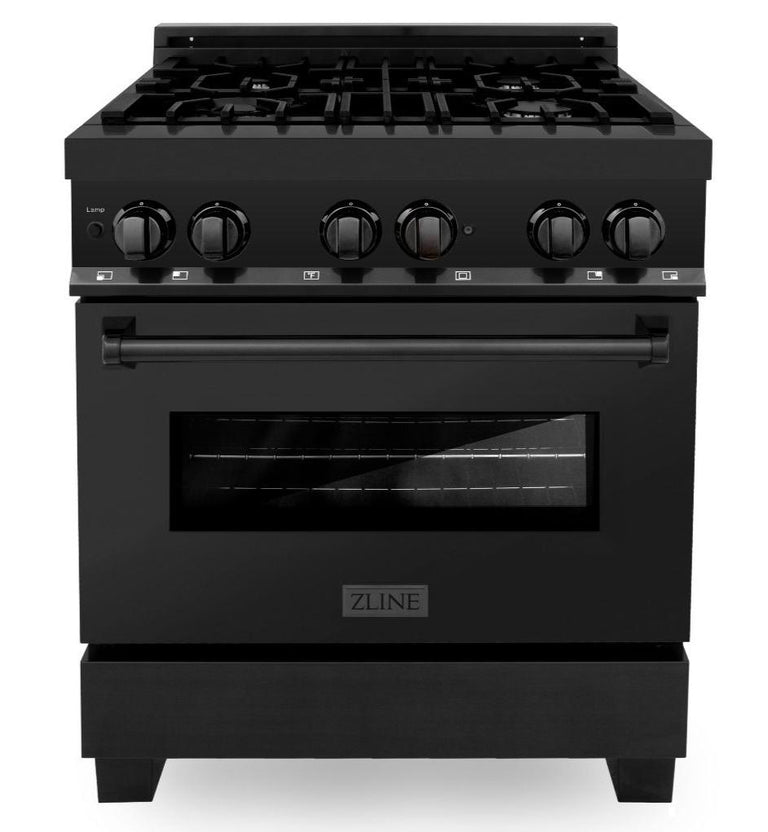 ZLINE Package - 30 in. Dual Fuel Range, Range Hood & Microwave in Black Stainless Steel, 3KP-RABRBRH30-MW