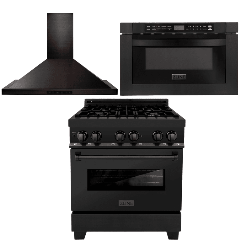 ZLINE Package - 30 in. Dual Fuel Range, Range Hood & Microwave in Black Stainless Steel, 3KP-RABRBRH30-MW