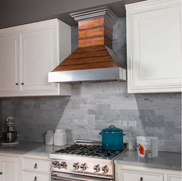 ZLINE Shiplap Wooden Wall Range Hood with Stainless Steel Accent