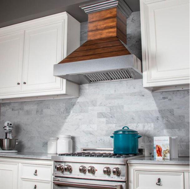 ZLINE Shiplap Wooden Wall Range Hood with Stainless Steel Accent