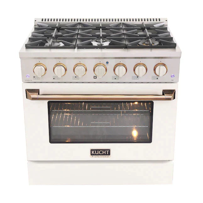 Kucht Signature 30" Pro-Style Dual Fuel Range in Stainless Steel with White Oven Door & Gold Handle KDF302-W-GOLD