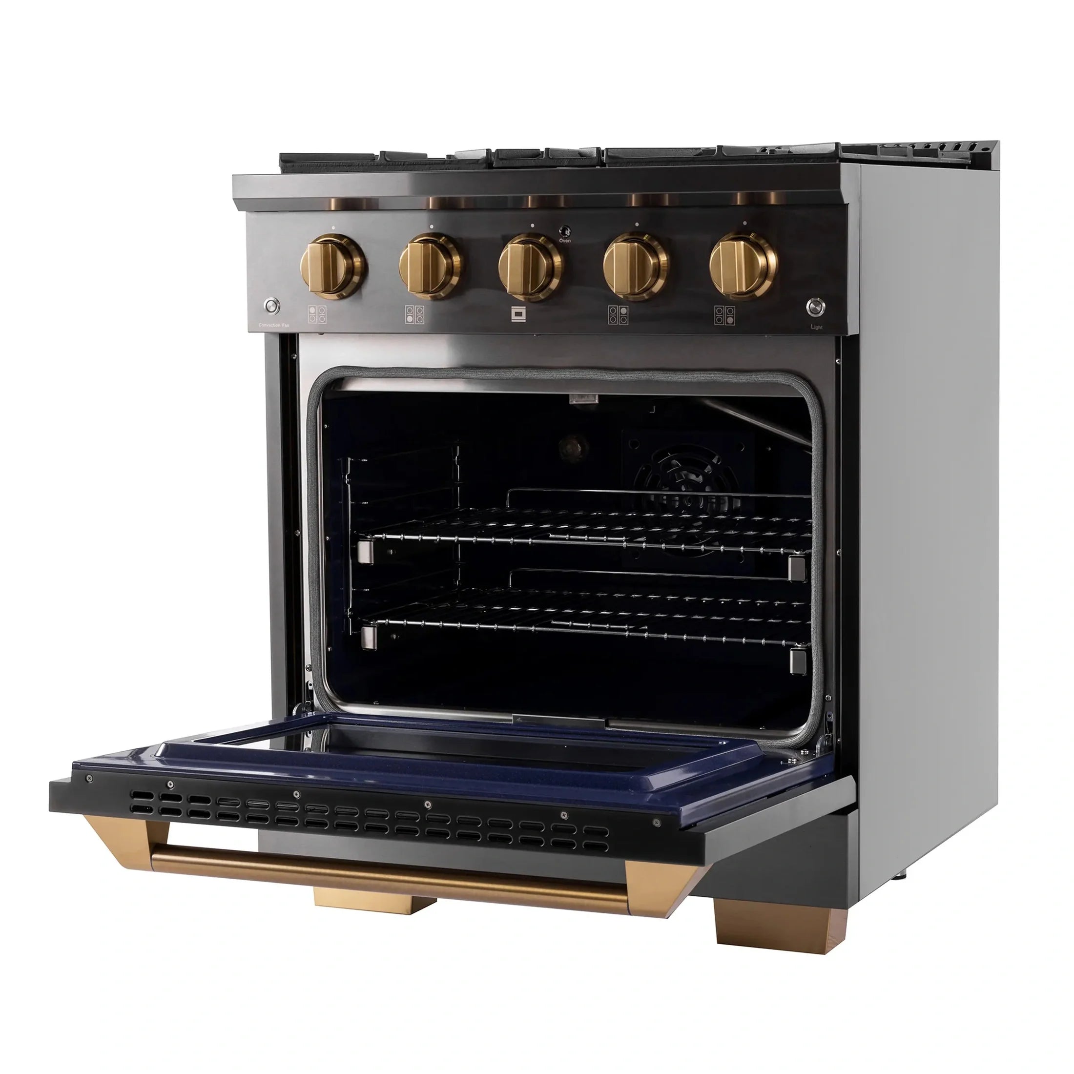 KUCHT Gemstone Professional 30-Inch 4.2 cu. ft. Propane Gas Range with Sealed Burners and Convection Oven in Titanium Stainless Steel with Gold Accents KEG303/LP
