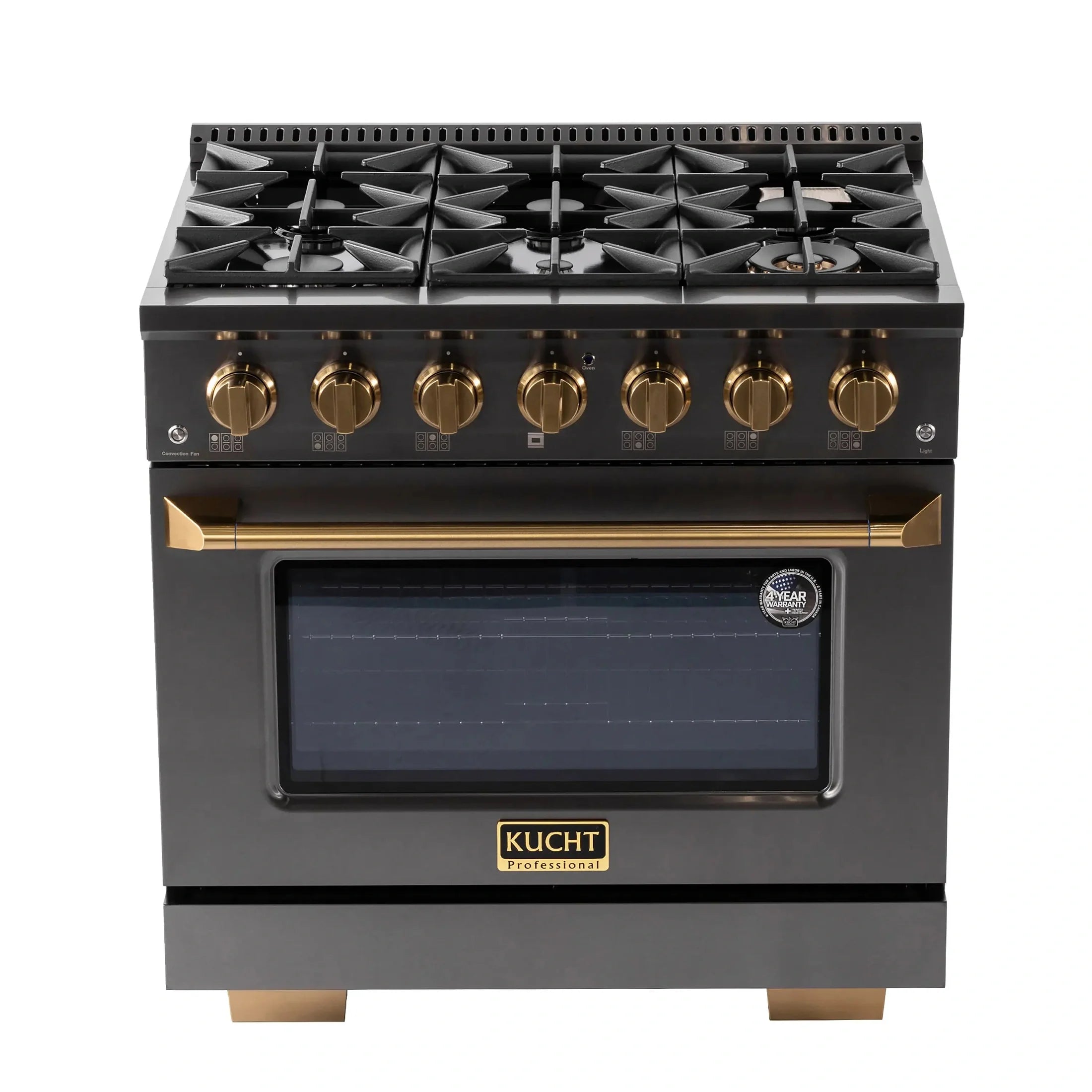 KUCHT Gemstone Professional 36-Inch 5.2 Cu. Ft. Dual Fuel Range for Natural Gas with Sealed Burners and Convection Oven in Titanium Stainless Steel KED364