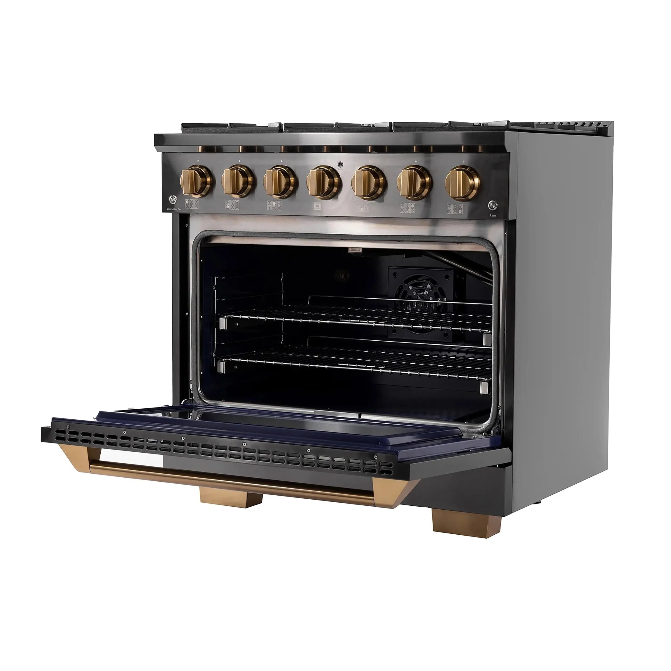 KUCHT Gemstone Professional 36-Inch 5.2 cu. ft. Gas Range with Sealed Burners and Convection Oven in Titanium Stainless Steel with Gold Accents KEG363