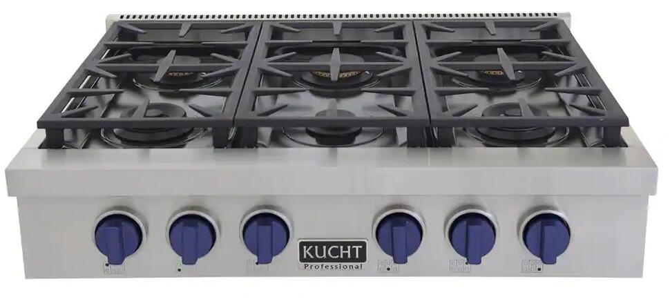 Kucht 36-Inch 6 Burner Gas Rangetop in Stainless Steel with Royal Blue Knob KFX369T-B
