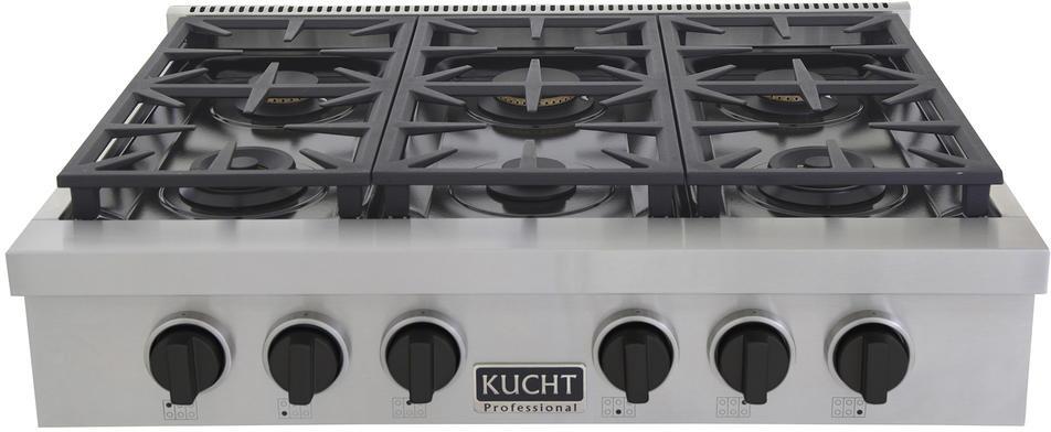 Kucht 36-Inch 6 Burner Gas Rangetop in Stainless Steel with Toxedo Black Knob KFX369T-K