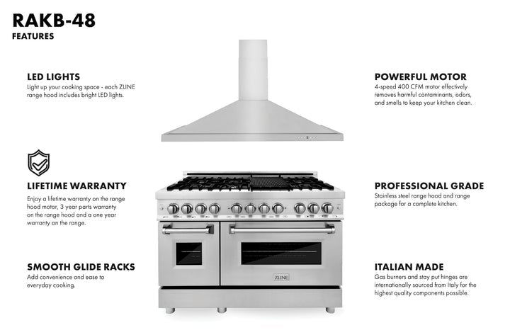 ZLINE 48" Kitchen Package with Stainless Steel Dual Fuel Range and Convertible Vent Range Hood (2KP-RARH48)