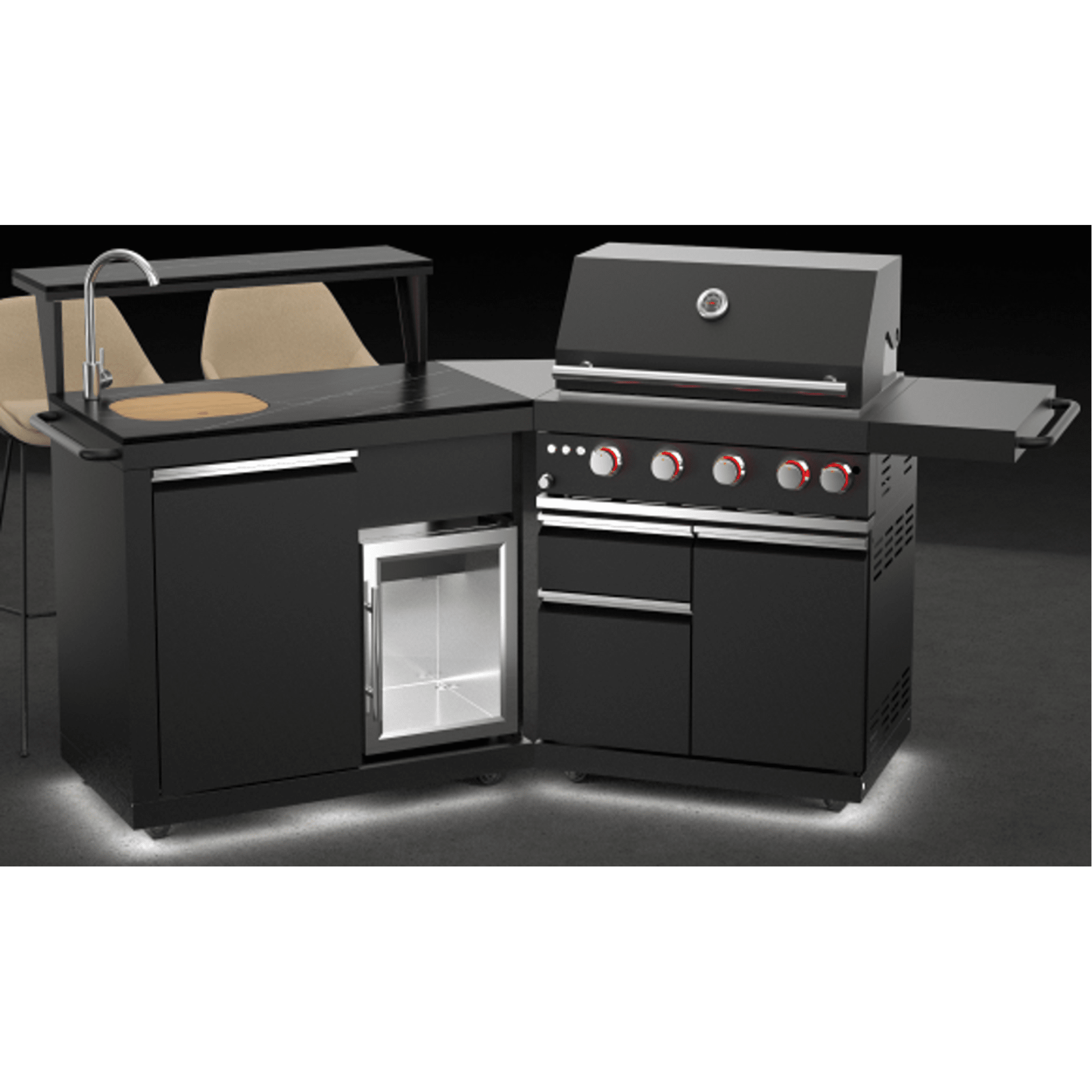 Forno All'Aperto 62,600 BTU BBQ with 3 Stainless-Steel Burners & Infrared Burners & Sink Module with Black Sintered Stone Countertops, Bar & Beverage Center