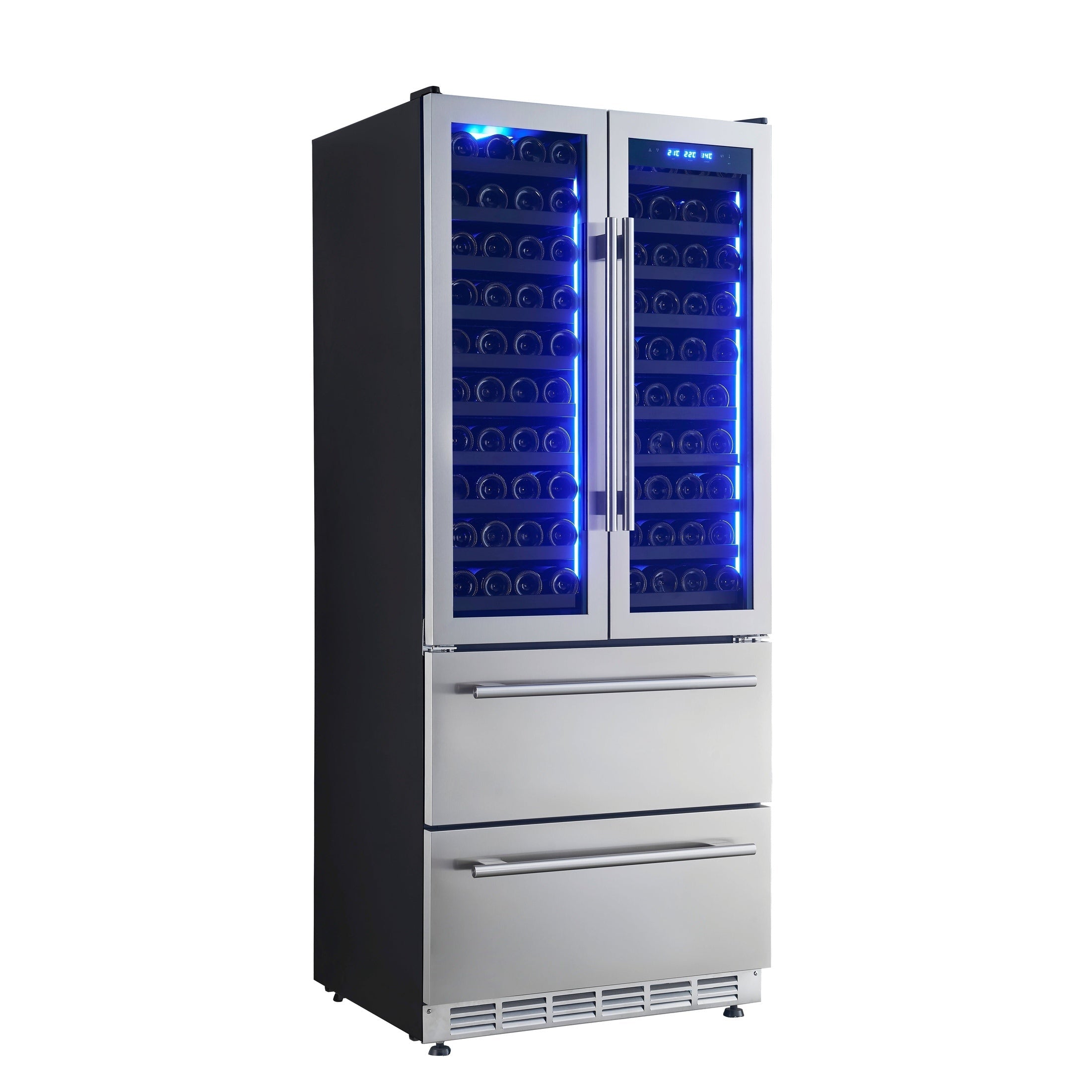 FORNO Campania 32" 120 Bottle Triple Zone French Door Wine Cooler with 2 Beverage Drawers, FWCDR6635-32S