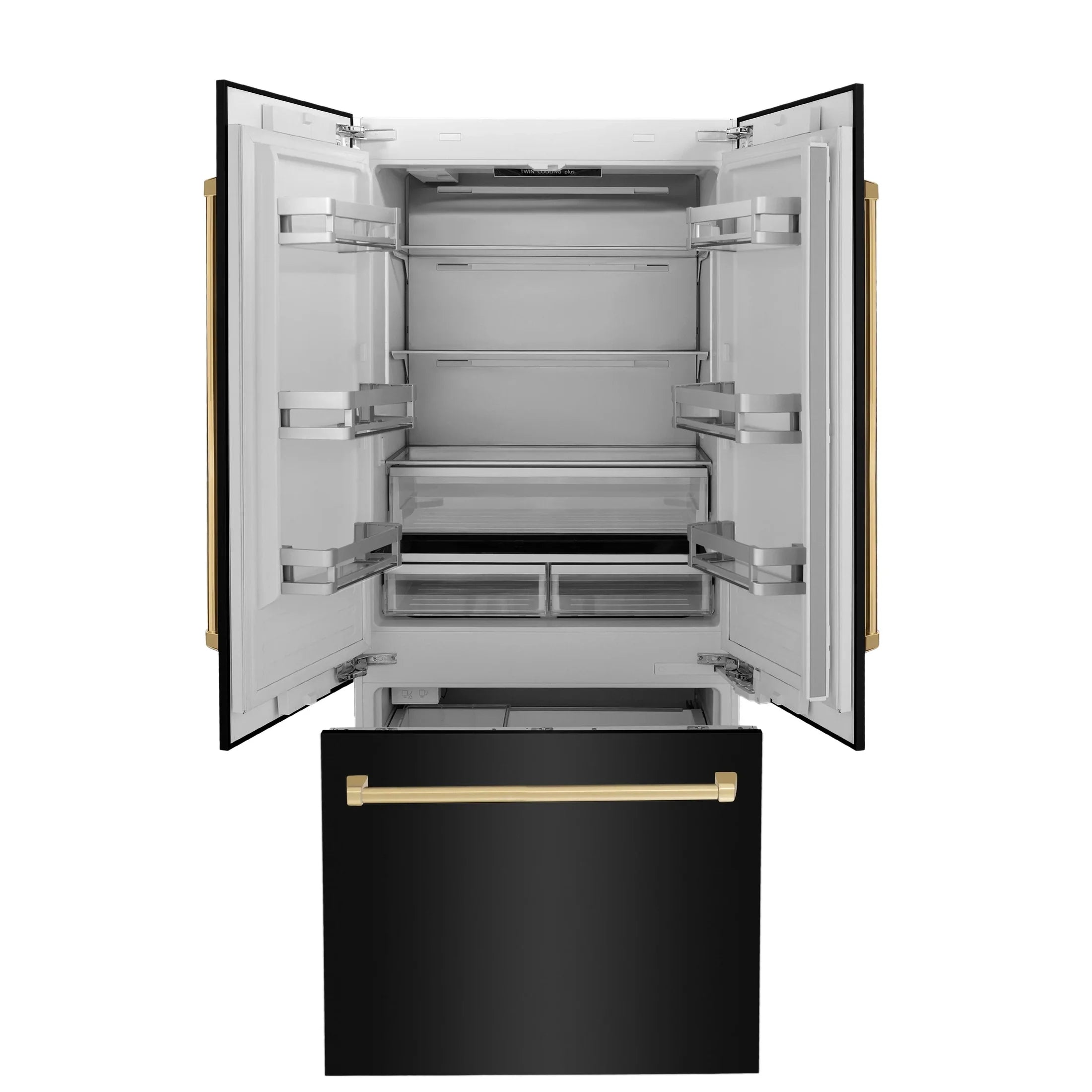 ZLINE 36" Autograph Edition 19.6 cu. ft. Built-in 3-DoorFrench Door Refrigerator with Internal Water and Ice Dispenser in Black Stainless Steel with Gold Accents RBIVZ-BS-36-G