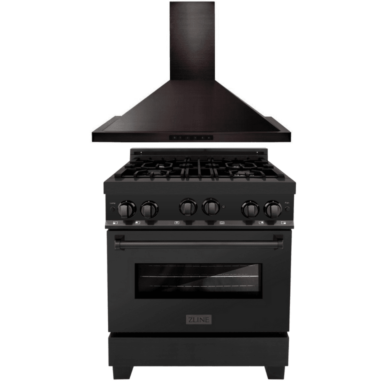 ZLINE 30 in. Gas Range in Black Stainless Steel & 30 in. Range Hood Package, 2KP-RGBRH30