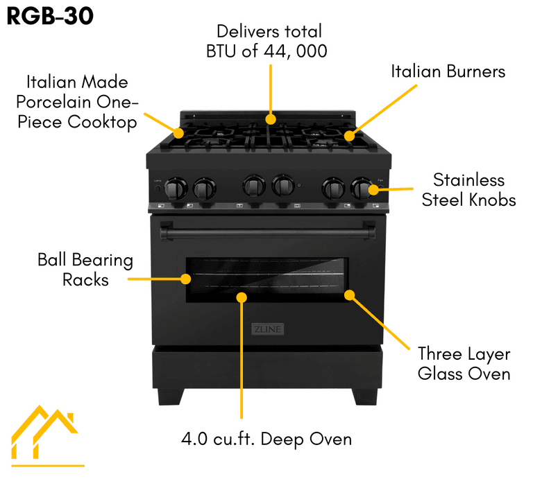 ZLINE 30 in. Gas Range in Black Stainless Steel & 30 in. Range Hood Package, 2KP-RGBRH30