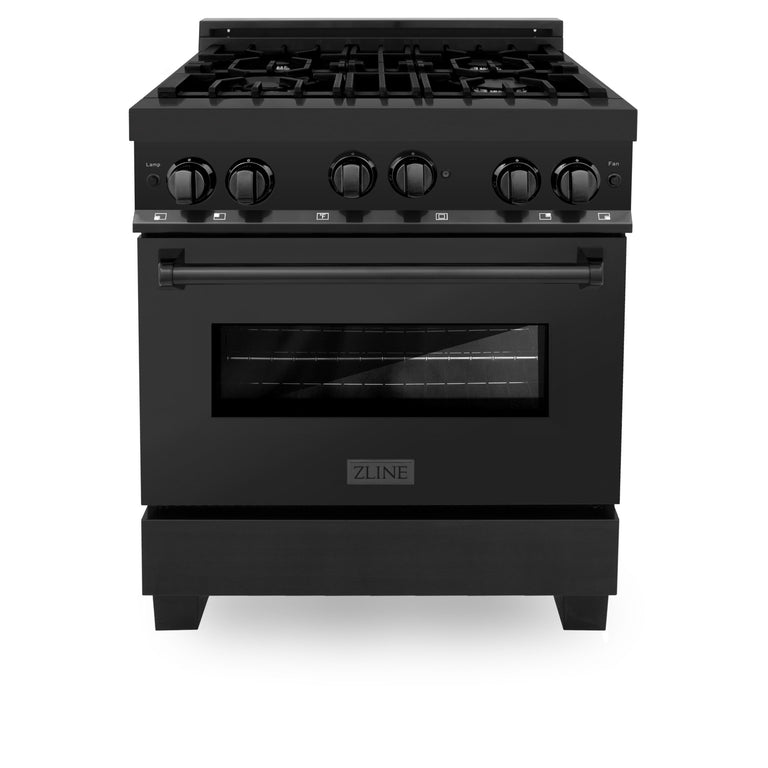 ZLINE 30 in. Gas Range in Black Stainless Steel & 30 in. Range Hood Package, 2KP-RGBRH30