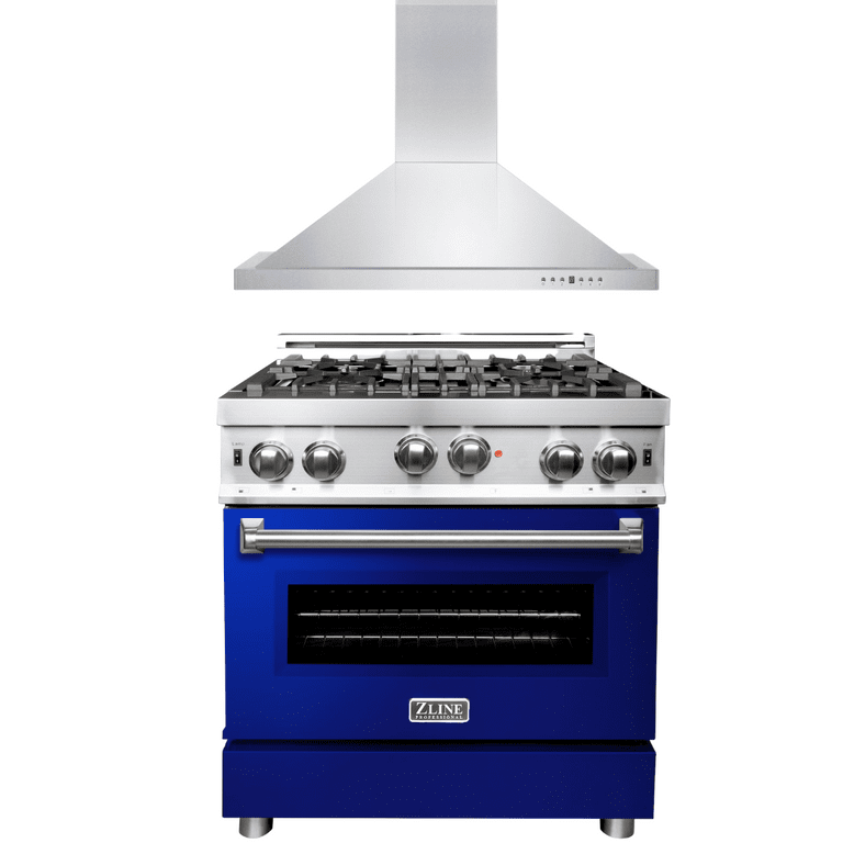 ZLINE Appliance Package - 30 in. Gas Range with Blue Gloss Door & 30 in. Range Hood 