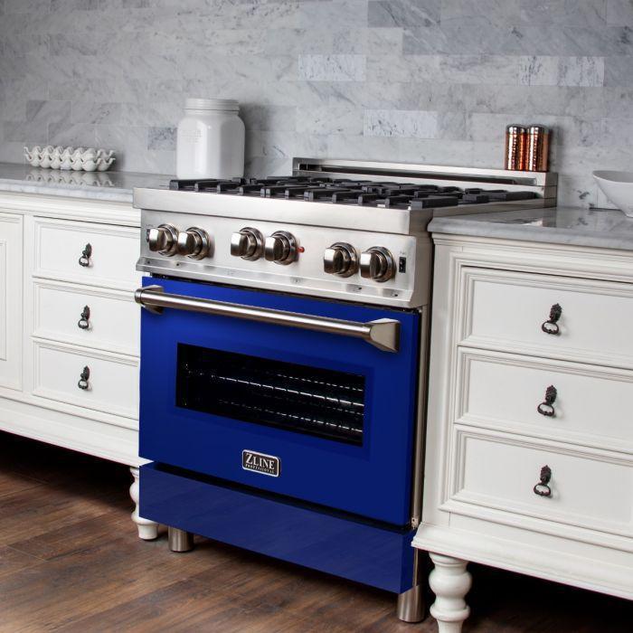 ZLINE Appliance Package - 30 in. Gas Range with Blue Gloss Door & 30 in. Range Hood - 2KP-RGBGRH30