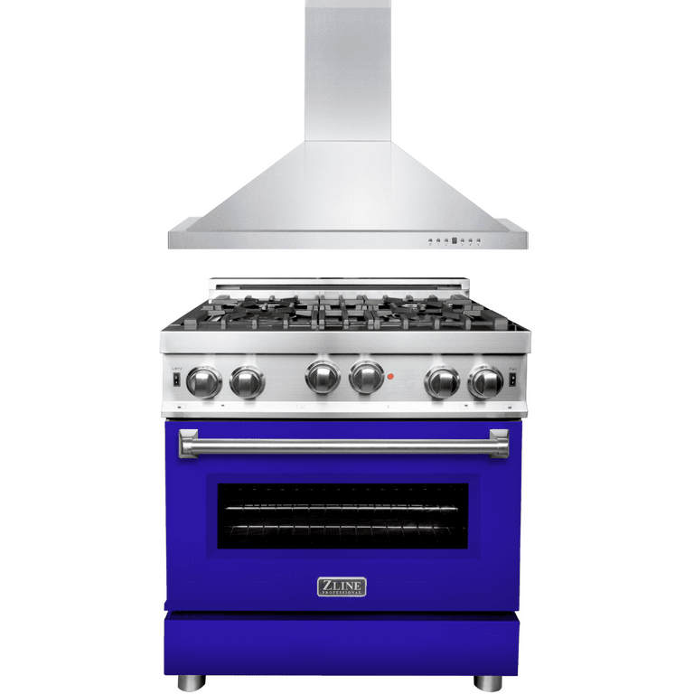ZLINE Appliance Package - 30 in. Gas Range with Blue Matte Door & 30 in. Range Hood Package