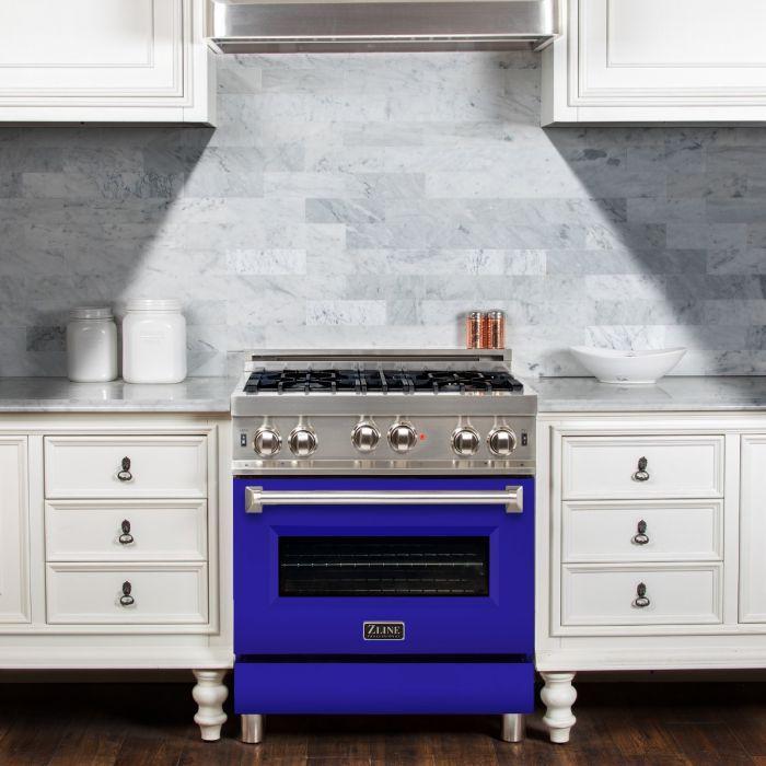 ZLINE Appliance Package - 30 in. Gas Range with Blue Matte Door & 30 in. Range Hood Package - 2KP-RGBMRH30