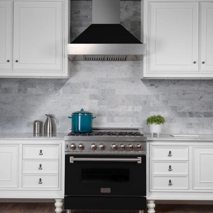 ZLINE Appliance Package - 30" Professional Gas Range in DuraSnow® with Black Matte Door & 30" Range Hood - 2KP-RGSBLMRH30