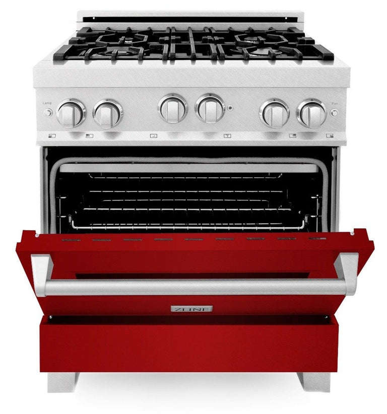 ZLINE Appliance Package - 30" Professional Gas Range in DuraSnow® with Red Gloss Door & 30" Range Hood - 2KP-RGSRGRH30