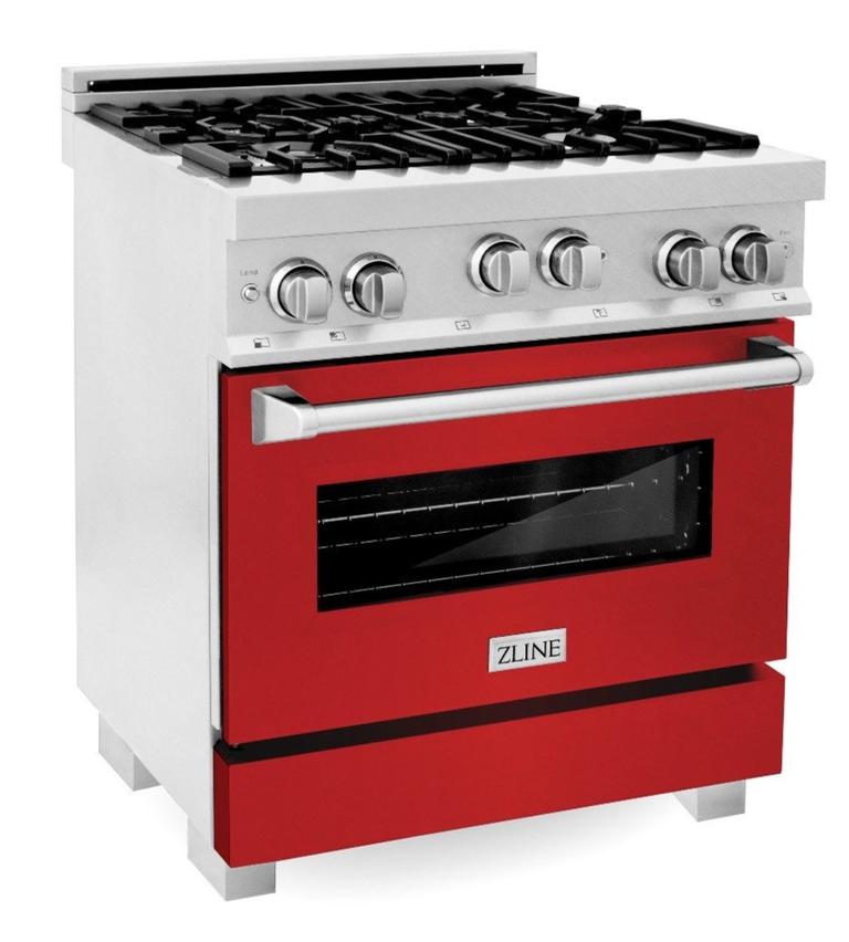 ZLINE Appliance Package - 30" Professional Gas Range in DuraSnow® with Red Matte Door & 30" Range Hood Package - 2KP-RGSRMRH30