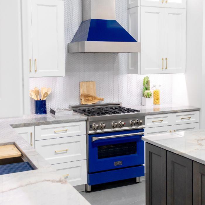 ZLINE 36" Dual Fuel Range in DuraSnow® with Blue Gloss Door & 36" Range Hood Package, 2KP-RASBGRH36