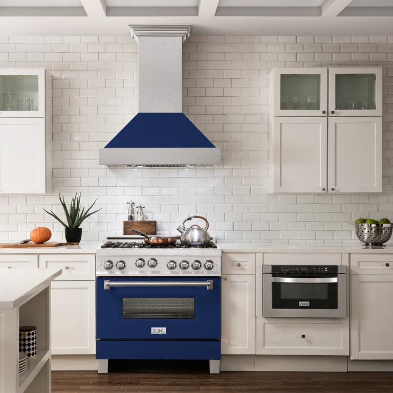 ZLINE 36" Dual Fuel Range in DuraSnow® with Blue Gloss Door & 36" Range Hood Package, 2KP-RASBGRH36