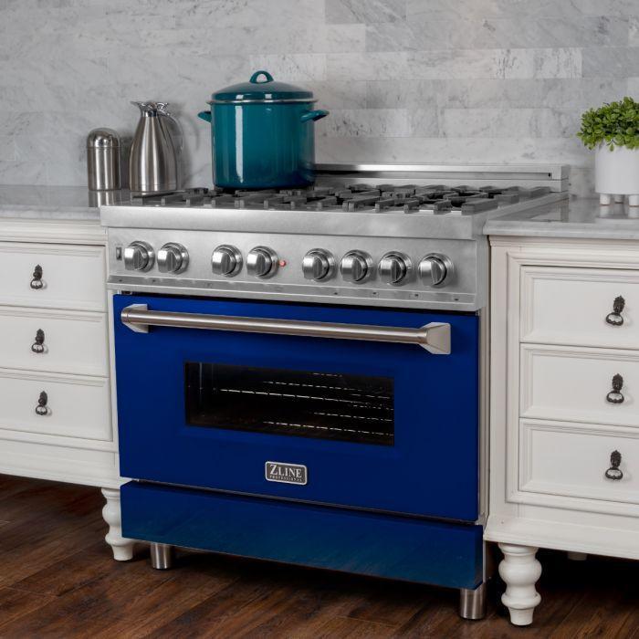 ZLINE 36" Dual Fuel Range in DuraSnow® with Blue Gloss Door & 36" Range Hood Package, 2KP-RASBGRH36