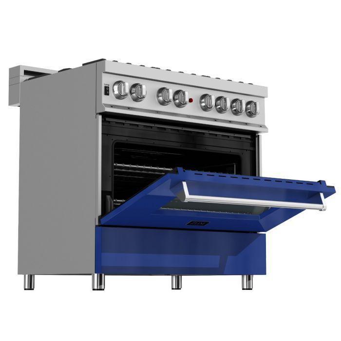 ZLINE 36" Dual Fuel Range in DuraSnow® with Blue Gloss Door & 36" Range Hood Package, 2KP-RASBGRH36