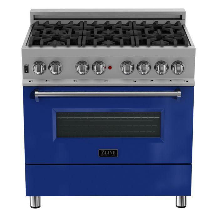 ZLINE 36" Dual Fuel Range in DuraSnow® with Blue Gloss Door & 36" Range Hood Package, 2KP-RASBGRH36